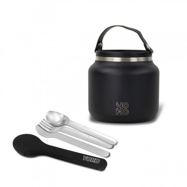 Combo Lunch box isotherme 700 ml - Noire & Set de couverts en inox