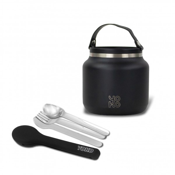 Combo Lunch box isotherme 700 ml - Noire & Set de couverts en inox Combo Lunch box isotherme 700 ml - Noire & Set de couverts en inox