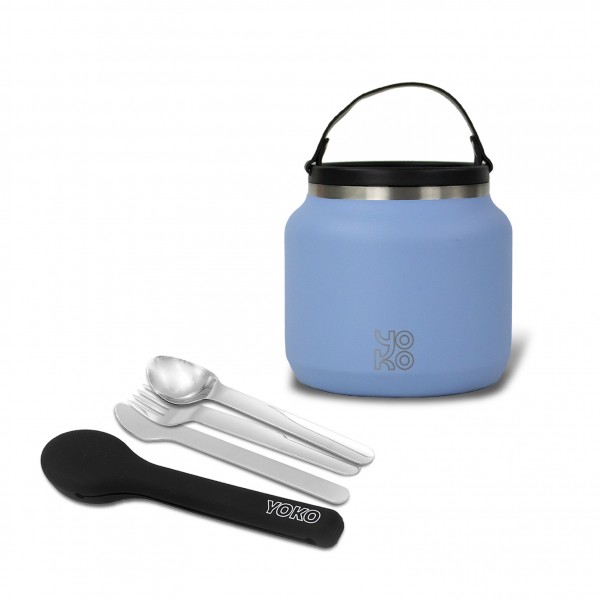 Combo Lunch box isotherme 700 ml - Bleue & Set de couverts en inox Combo Lunch box isotherme 700 ml - Bleue & Set de couverts en inox