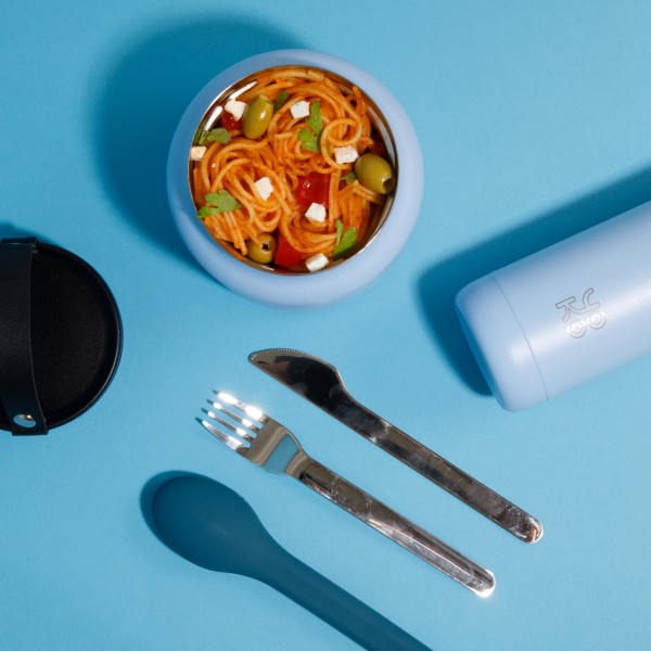 Combo Lunch box isotherme 700 ml - Bleue & Set de couverts en inox Combo Lunch box isotherme 700 ml - Bleue & Set de couverts en inox