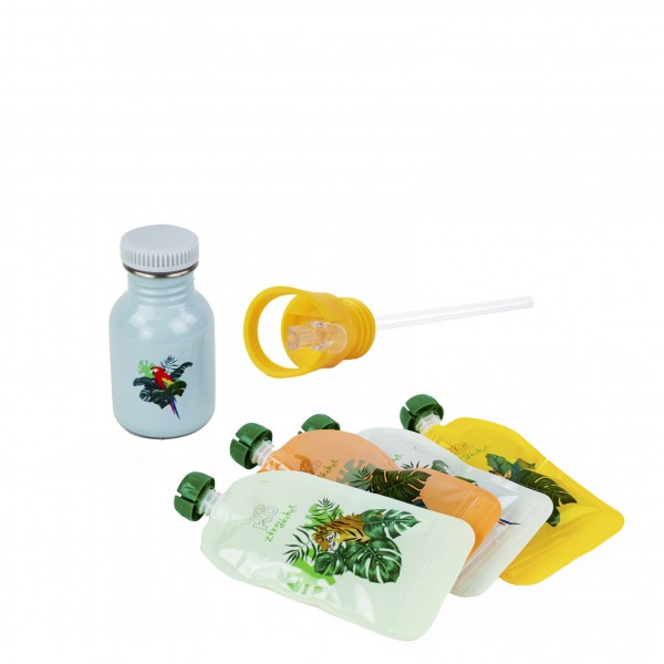 Combo single-wall drinking bottle 350ml + 4 reusable compotes + The cap with its integrated straw - Perroquet Combo single-wall drinking bottle 350ml + 4 reusable compotes + The cap with its integrated straw - Perroquet